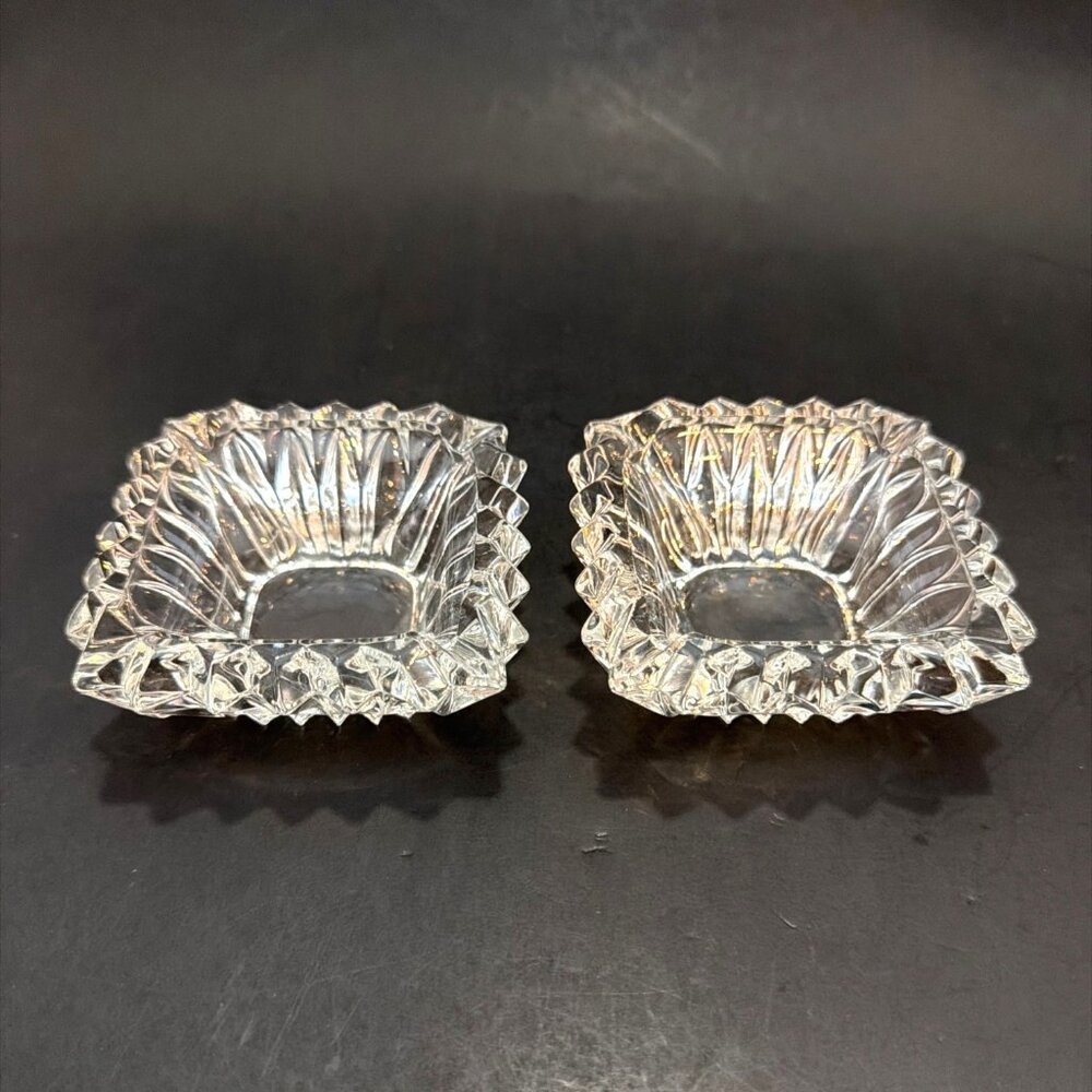 Vintage Pair Crystal Cut Square Ashtrays 3" Sawtooth Edge MCM Europe W Germany